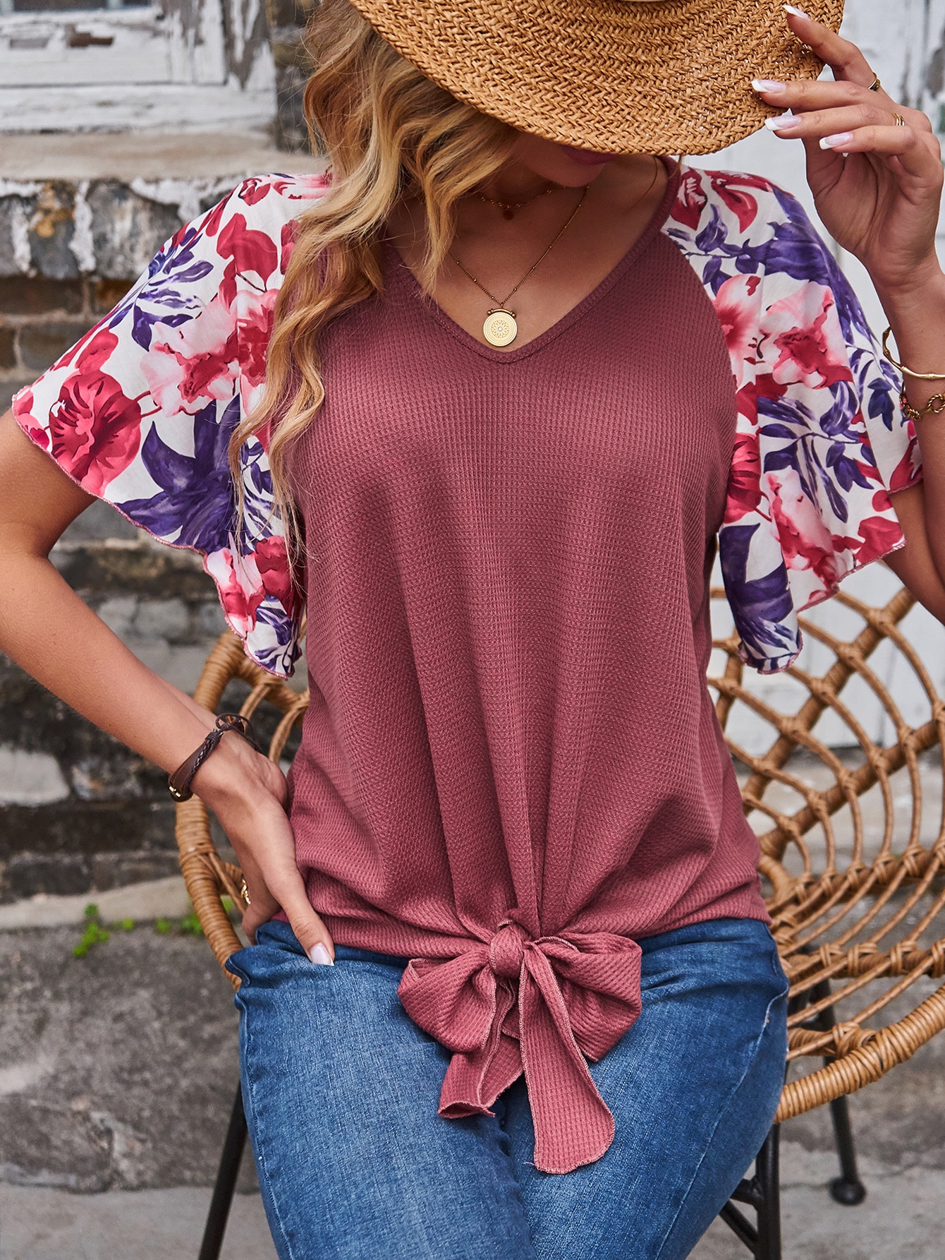 Floral Print Raglan Sleeve Knot Hem Tee SHEIN USA