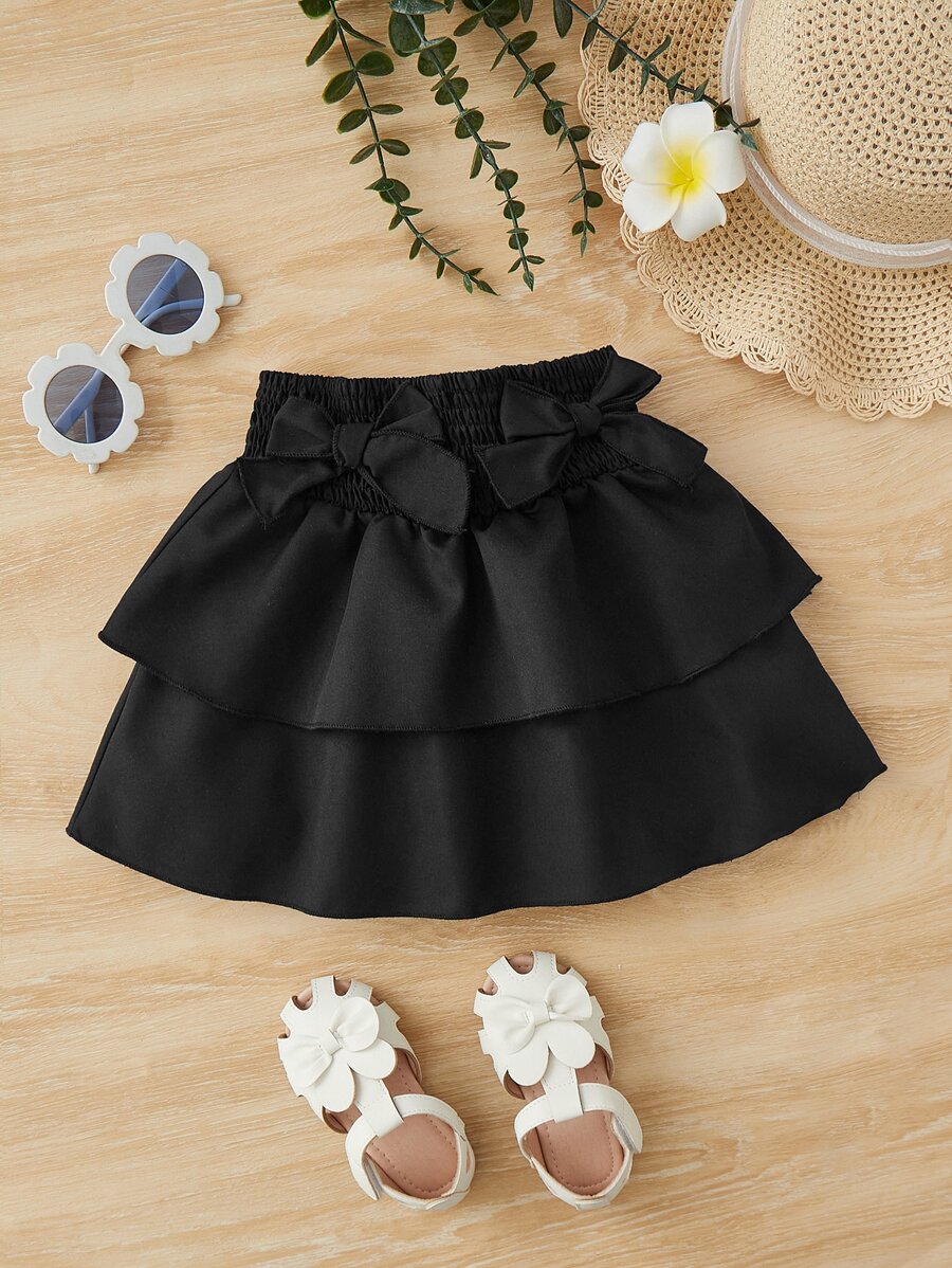 SHEIN Summer,Holiday,Traveler Young Girl Bow Front Layer Hem Skirt - Black - View 1
