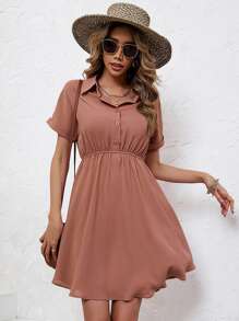 SHEIN Frenchy Đầm Nút phía trước màu trơn Giải trí - Bụi hồng - Xem 3