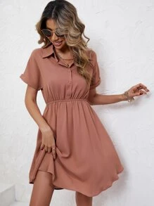 SHEIN Frenchy Đầm Nút phía trước màu trơn Giải trí - Bụi hồng - Xem 5