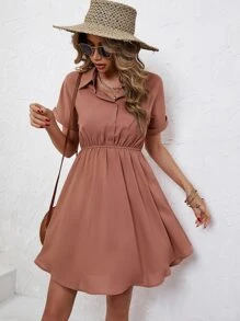 SHEIN Frenchy Đầm Nút phía trước màu trơn Giải trí - Bụi hồng - Xem 1