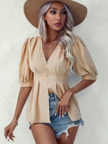 SHEIN LUNE 泡泡袖打褶折疊拼接細節襯衫 - 卡其色 - 查看 5