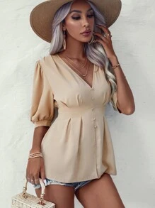 SHEIN LUNE 泡泡袖打褶折疊拼接細節襯衫 - 卡其色 - 查看 6