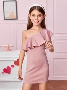 SHEIN Girls One Shoulder Ruffle Trim Dress - Dusty Pink - View 1