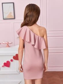SHEIN Girls One Shoulder Ruffle Trim Dress - Dusty Pink - View 2