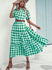 SHEIN VCAY Gingham Print Layered Hem Shirt Dress Without Belt - Green - View 3