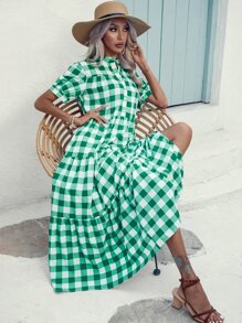 SHEIN VCAY Gingham Print Layered Hem Shirt Dress Without Belt - Green - View 2