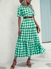 SHEIN VCAY Gingham Print Layered Hem Shirt Dress Without Belt - Green - View 6