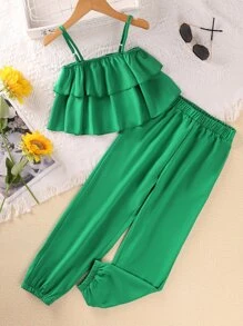 Girls Tiered Layer Cami Top & Trousers - Green - View 1