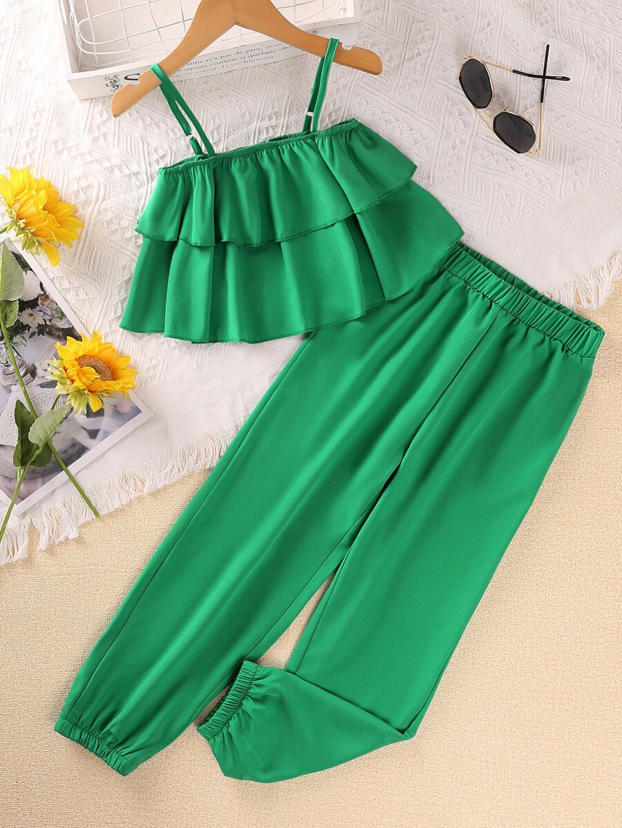 Girls Tiered Layer Cami Top & Trousers - Green - View 1