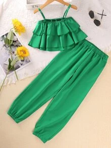Girls Tiered Layer Cami Top & Trousers - Green - View 2