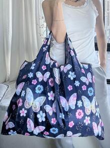 蝴蝶图案购物袋书包，返校，大容量，便携，可折叠，经典休闲，适合少女女大学生，非常适合返校、大学、小学、初中、高中、工作、商务、通勤、购物、度假、时尚蝴蝶包情人节 - 彩色 - 查看 2