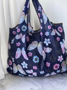 蝴蝶图案购物袋书包，返校，大容量，便携，可折叠，经典休闲，适合少女女大学生，非常适合返校、大学、小学、初中、高中、工作、商务、通勤、购物、度假、时尚蝴蝶包情人节 - 彩色 - 查看 3