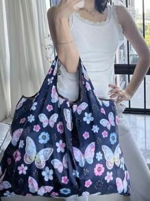 蝴蝶图案购物袋书包，返校，大容量，便携，可折叠，经典休闲，适合少女女大学生，非常适合返校、大学、小学、初中、高中、工作、商务、通勤、购物、度假、时尚蝴蝶包情人节 - 彩色 - 查看 4