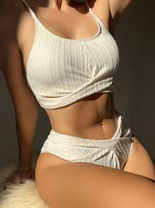 有肋紋扭結前夏日沙灘比基尼套裝 - 米色 - 查看 2