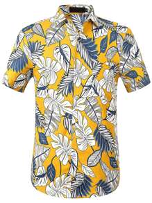 男士熱帶圖案弧形下擺襯衫 - 彩色 - 查看 1