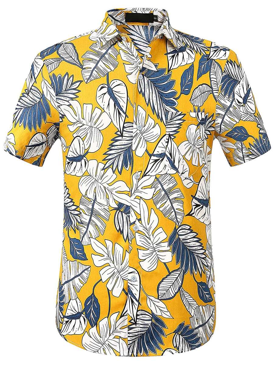 男士熱帶圖案弧形下擺襯衫 - 彩色 - 查看 1