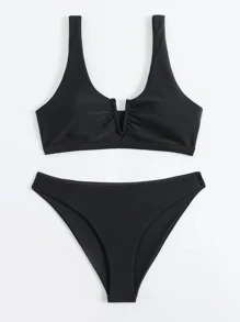 SHEIN Swim Summer Beach V Wired Bikini Set - Black - View 2