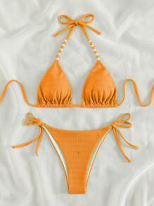 Plain Halter Triangle Summer Beach Bikini Set - Orange - View 5