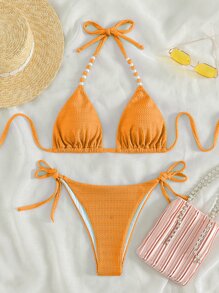 Plain Halter Triangle Summer Beach Bikini Set - Orange - View 6