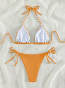 Plain Halter Triangle Summer Beach Bikini Set - Orange - View 7