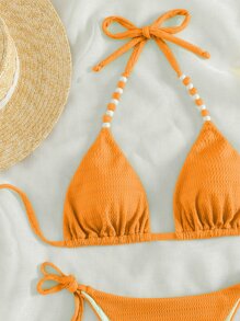 Plain Halter Triangle Summer Beach Bikini Set - Orange - View 8