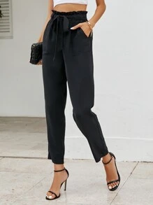 SHEIN LUNE Paperbag Waist Belted Trousers - Black - View 1