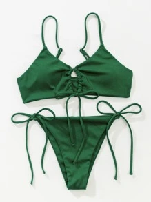Rib Tie Side Bikini Set Summer Beach - Dark Green - View 3