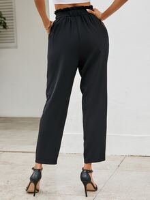 SHEIN LUNE Paperbag Waist Belted Trousers - Black - View 2