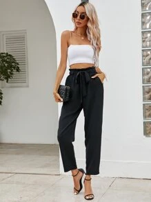SHEIN LUNE Paperbag Waist Belted Trousers - Black - View 3