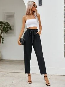 SHEIN LUNE Paperbag Waist Belted Trousers - Black - View 4