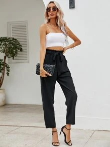 SHEIN LUNE Paperbag Waist Belted Trousers - Black - View 5