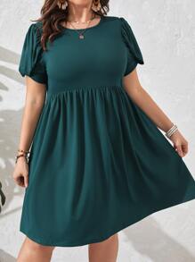 SHEIN LUNE Plus Solid Petal Sleeve Smock Dress - Teal Blue - View 4