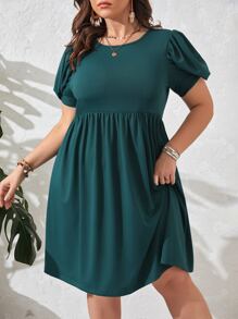 SHEIN LUNE Plus Solid Petal Sleeve Smock Dress - Teal Blue - View 5