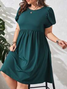 SHEIN LUNE Plus Solid Petal Sleeve Smock Dress - Teal Blue - View 3
