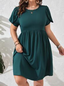 SHEIN LUNE Plus Solid Petal Sleeve Smock Dress - Teal Blue - View 1