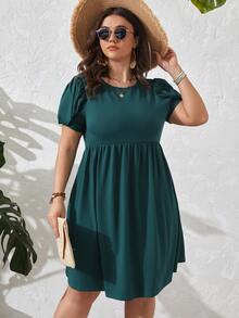 SHEIN LUNE Plus Solid Petal Sleeve Smock Dress - Teal Blue - View 2