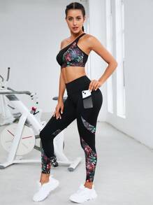 Tropical Print One Shoulder Sports Set With Phone Pocket - Black - View 1