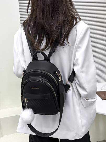 Letter Graphic Chevron Embossed Classic Backpack With Pompom Charm Preppy,Preppy Stuff,Classic Leather Small Bag For,Gym Bag,Work & Office,Weekend And Holiday,Holiday Essentials,Large Beach, Lightweight Small Backpack, Mini Backpack For Back To School & Travel, School Supplies,School Backpack,School Bookbag,Backpack For School,Lightweight,Portable, Suitable For Teen Girls Women College StudentsCollege,Middle School, High School,Outdoors, Travel, Outings