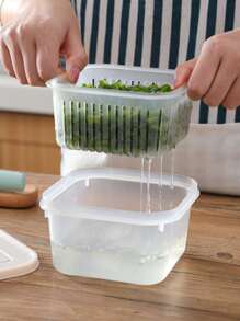 1pc Plastic Storage Box, Double Layer Clear Food Storage Container with Strainer Basket For Kitchen - Beige - View 1