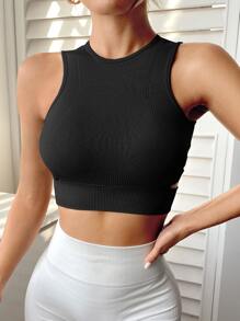 Easithlete Camiseta deportiva de crop top con recortes laterales, tops de verano ajustados, camiseta entallada - Negro - Ver 4