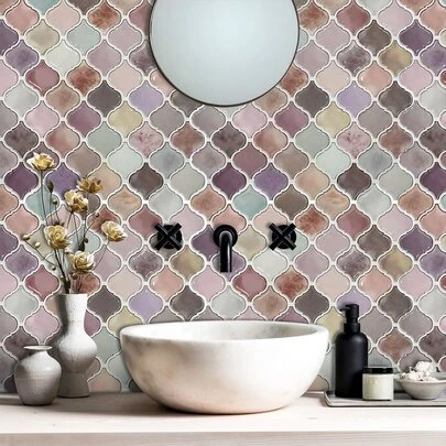 Gạch men tự dính màu hồng kiểu Ả Rập, kích thước 12"x12", dùng ốp tường bếp, gạch dán tường, giấy dán tường, trang trí mùa xuân làm mới ngôi nhà, nhãn dán trang trí ngày lễ, quà sinh nhật/tốt nghiệp.