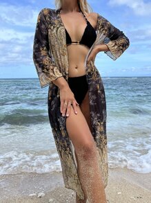 Floral Print Open Front Kimono - Multicolor - View 1