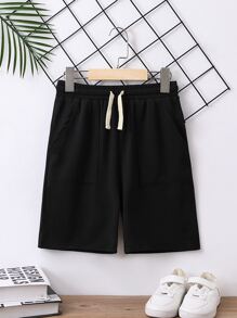 SHEIN Chicos Shorts de cintura con cordón con bolsillo oblicuo - Negro - Ver 1