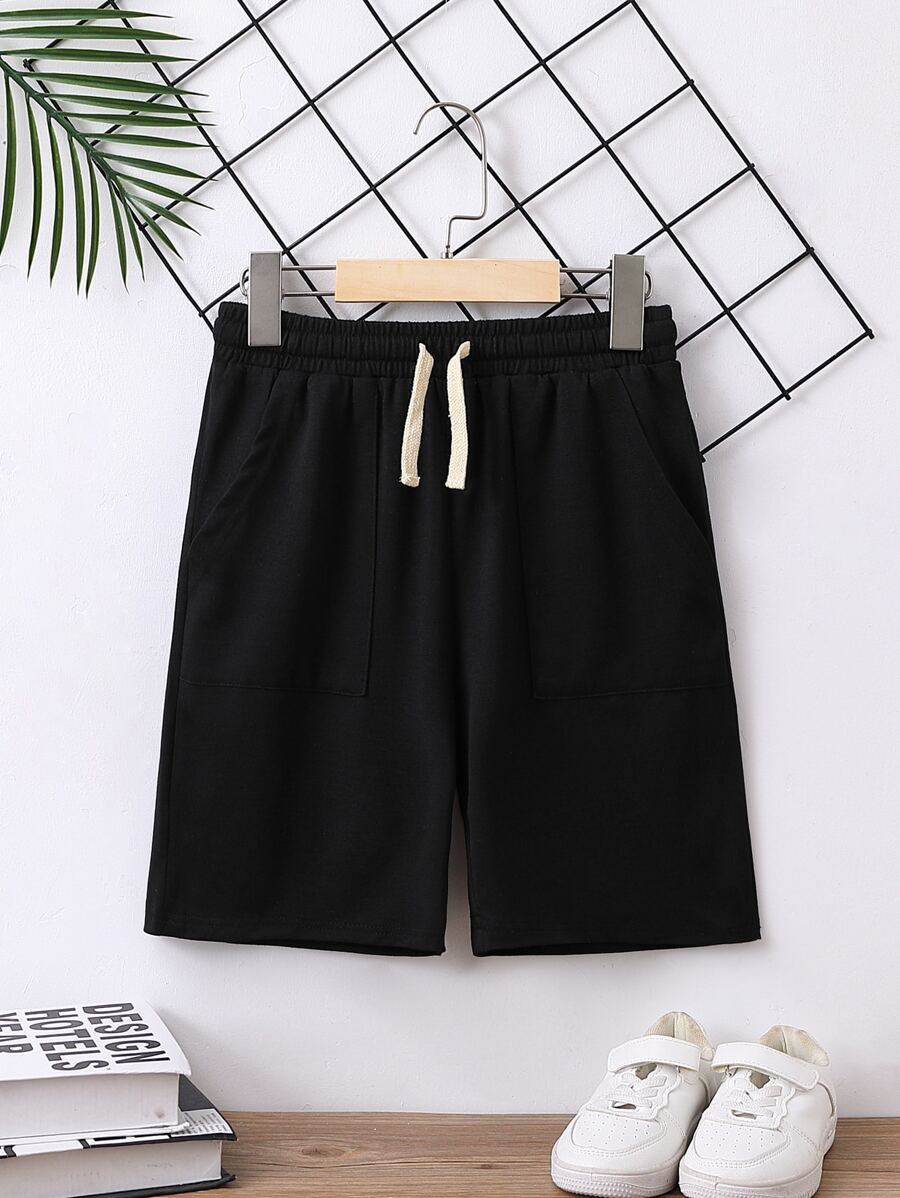 SHEIN Chicos Shorts de cintura con cordón con bolsillo oblicuo - Negro - Ver 1