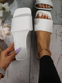 女士單帶露趾優雅素色極簡戶外平底涼鞋 - 白色 - 查看 1