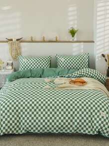 4 cái/bộ Bộ vỏ chăn màu xanh lá cây họa tiết kẻ sọc (1 Vỏ chăn & 2 Vỏ gối & Ga trải giường) Bộ chăn ga gối bằng vải Modernist cho bộ đồ giường, tất cả các mùa - Nhiều màu - Xem 1