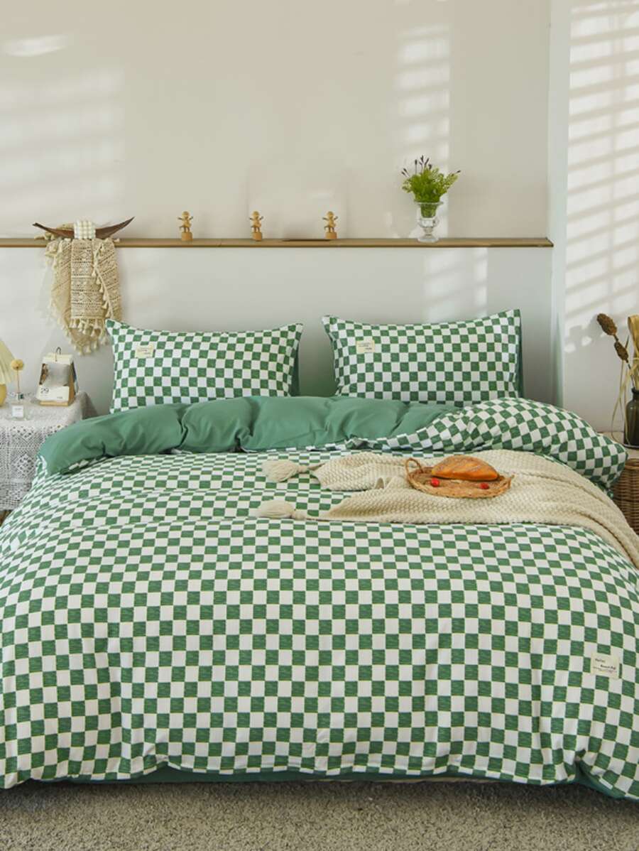 4 cái/bộ Bộ vỏ chăn màu xanh lá cây họa tiết kẻ sọc (1 Vỏ chăn & 2 Vỏ gối & Ga trải giường) Bộ chăn ga gối bằng vải Modernist cho bộ đồ giường, tất cả các mùa - Nhiều màu - Xem 1