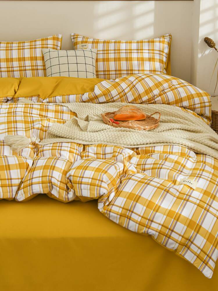 4pcs/set Plaid Pattern Duvet Cover Set (1pc Comforter Cover, 2pcs Pillowcase, 1pc Flat Sheet ) Polyester Bedding Set For Home - Multicolor - View 8