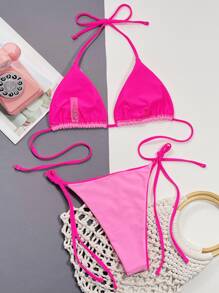 Swim SXY Summer Beach Contrast Binding Halter Triangle Tie Side Bikini Set - Pink - View 2